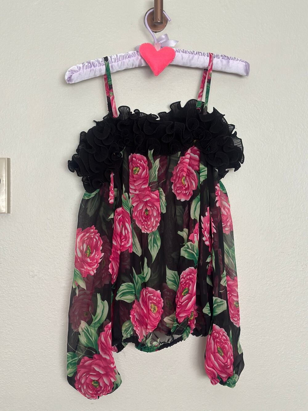 vintage forever 21 sheer Pink floral off the shoulder blouse black ruffle trim